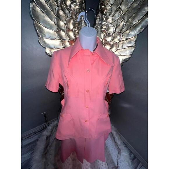 Vintage 70s Pink Collared Skirt Suit Set - Belted Waist - Picture 6 of 15